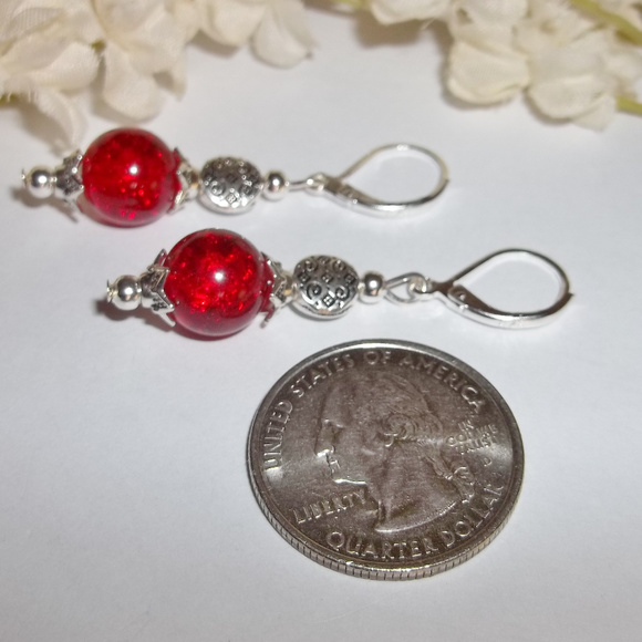 Ruby Red Crackled Glass Earring Silver Dangle Drop Earring Earring Earrings 4773 - Picture 5 of 8
